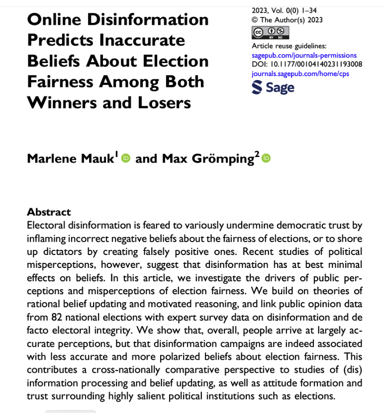 PippaN15's tweet photo. New research confirms the role of disinfo in spreading false views of electoral integrity. @MaxGroemping https://t.co/UH7l4ZiG6l https://t.co/zJgkhp54n3