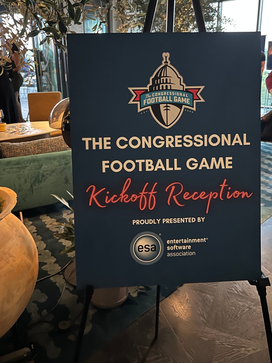 Last night we celebrated the kickoff of the #2023CongressionalFootballGame for Charity! The reception was presented by @TheESA at AC Hotel Washington DC Capitol Hill’s Smoke & Mirrors rooftop. Team members of both the @CapitolPolice #Guards and Members of Congress' #MeanMachine…