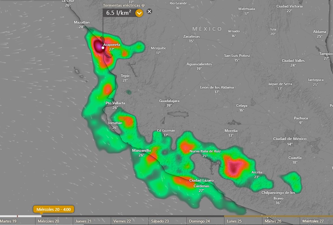 Durante la madrugada Alerta por el Potencial de Tormentas eléctricas en Nayarit (Acaponeta Teacapan) Colima Jalisco y Michoacán