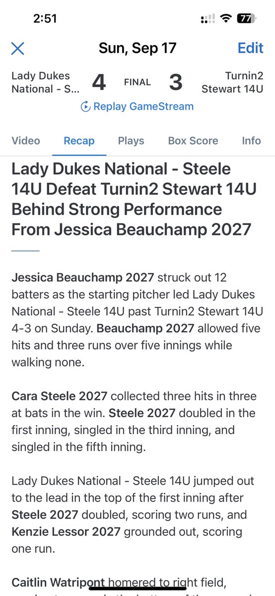 <a href="/jbeauchamp2027/">Jbeauchamp27</a> <a href="/PurdueSoftball/">Purdue Softball</a> <a href="/DukeSOFTBALL/">Duke Softball</a> <a href="/UKsoftball/">Kentucky Softball</a> <a href="/UMCoachHutch/">Carol Hutchins</a> <a href="/umichsoftball/">Michigan Softball</a> <a href="/TexasCoachWhite/">Mike White</a> <a href="/FAUSoftball/">Florida Atlantic Softball</a> <a href="/NDsoftball/">Notre Dame Softball</a> <a href="/UIndySoftball/">UIndy Softball</a> You did awesome! Check out this recap!