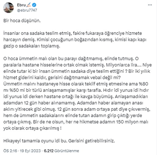Cemaatin muhasebesine sen mi bakıyorsun da biliyor gibi konuşuyorsun?
Getirilen sadakaların ihtiyaç sahiplerine dağıtılmadığını, islami hizmetlerde kullanılmadığını ispat etmezsen ŞEREFSİZSİN, ALÇAKSIN, NAMUSSUZSUN.
<a href="/ebru7747/">Ebru✍🏻</a>