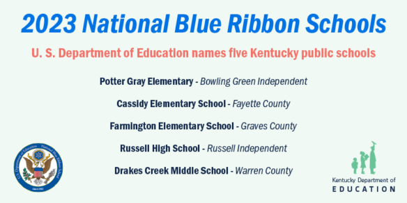 KyDeptofEd's tweet photo. 🔷 Five Kentucky public schools named 2023 Blue Ribbon winners!

The recognition is based on a school’s overall academic performance or progress in closing achievement gaps among student groups!

More: https://t.co/XVTXwA9mPH https://t.co/8cswgOWM3k