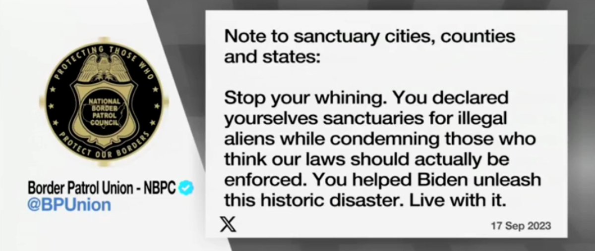 Border Patrol Union to sanctuary cities: "Stop your whining. You declared yourselves sanctuaries for illegal aliens while condemning those who think our laws should actually be enforced. You helped Biden unleash this historic disaster. Live with it."