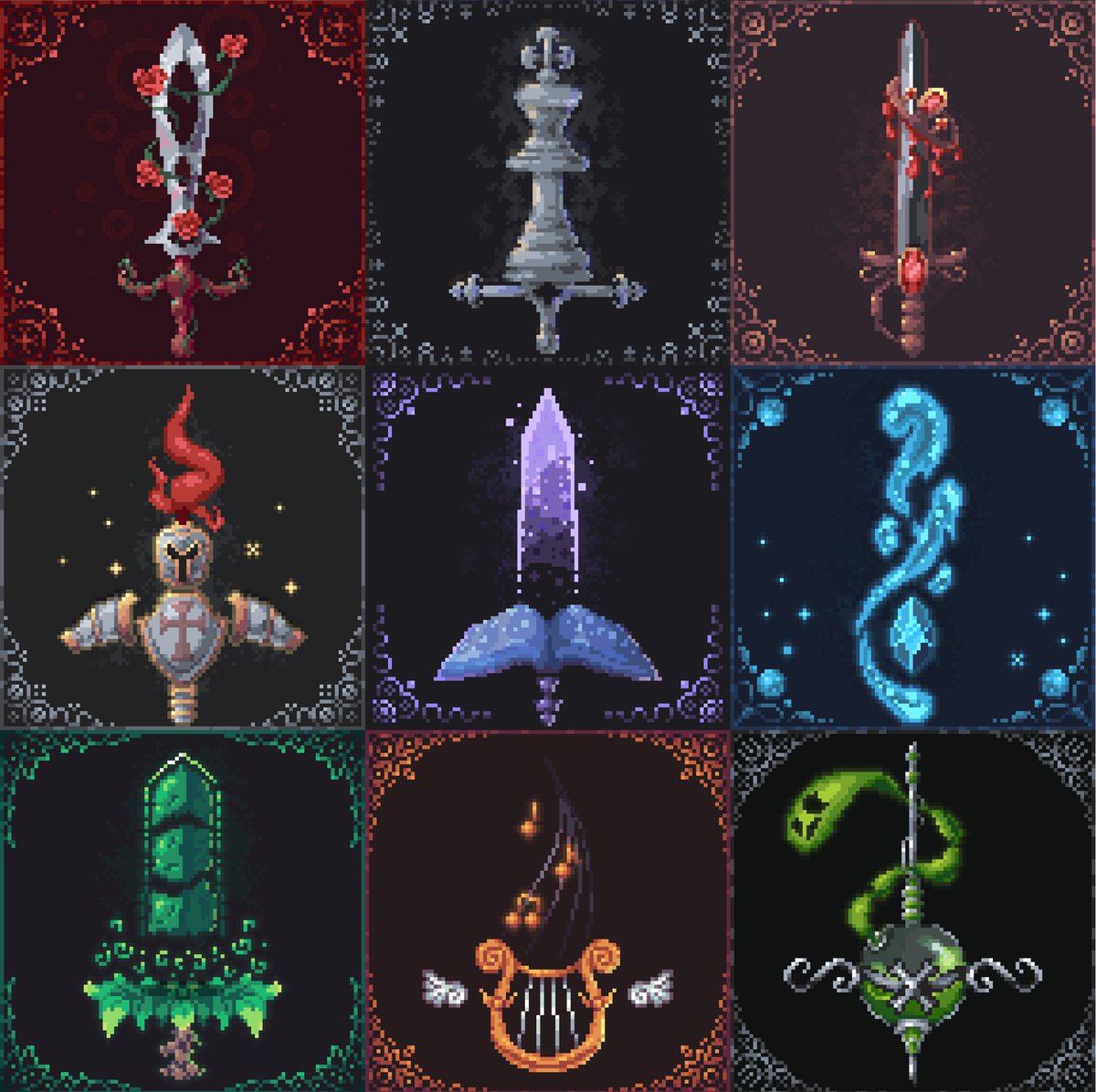 Another 9 days of #swordtember done! Which one is your favorite? 

#Swordtember2023 #pixelart #pixel #pixelartwork #aseprite
