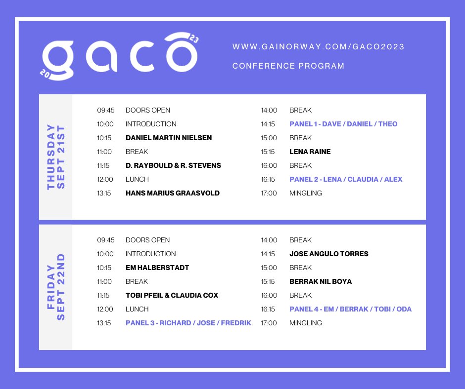 GAiNorway's tweet photo. The full program for #GACO2023 is now unveiled! 🎮 
(corrected schedule)

📅Date: September 21st &amp; 22nd 
📷 Venue: Cinemateket, Oslo &amp; Livestream Online  

Secure your spot now and choose whether to experience it live at the Cinemateket or via our live stream.  #gamedev🎟️ https://t.co/JPY2wZNbI2