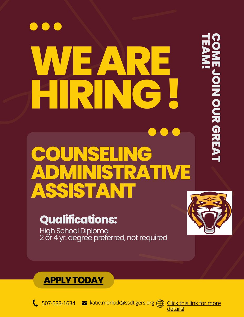 SHSTigerPride's tweet photo. SHS is looking for someone special!
Click this link for more details:
https://t.co/cf4s0nKUm4 https://t.co/AmUiawS8RV