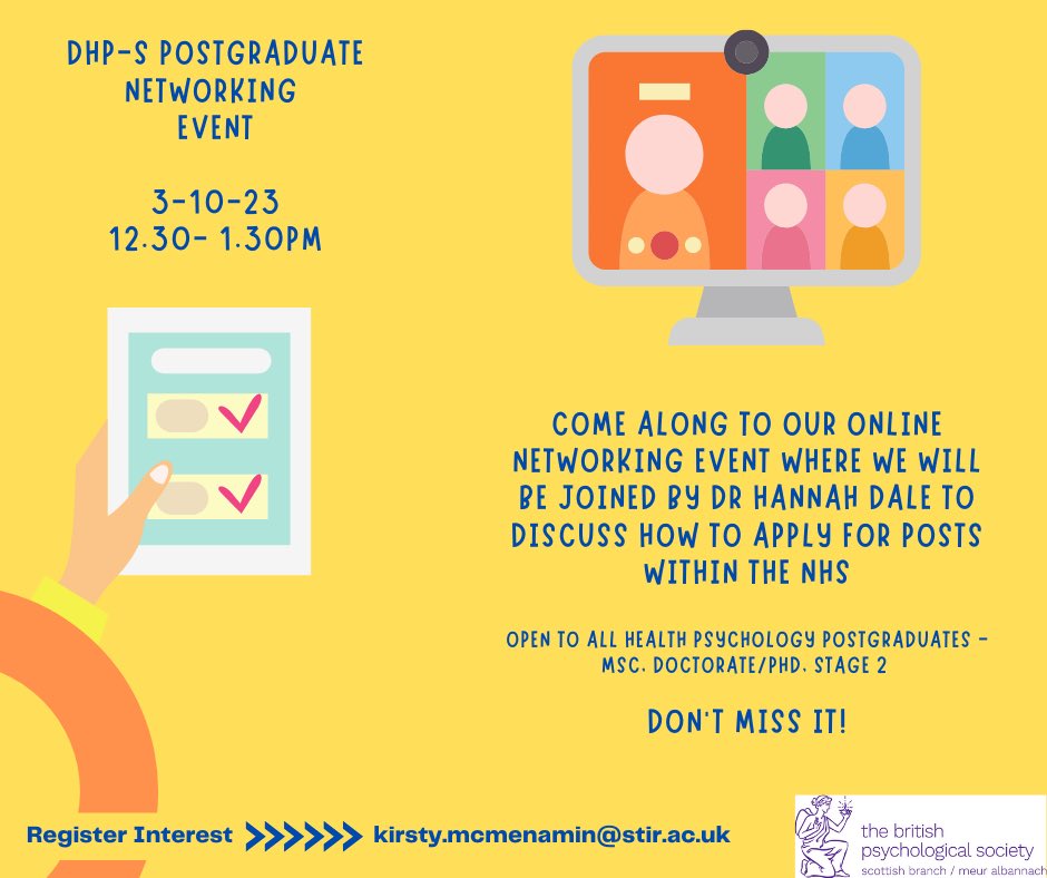Calling all PG Health Psychologists in Scotland

Come and join our Postgraduate Networking Lunch where we will discuss tips for applying for jobs in the NHS

Get in touch by DM or e-mail ⬇️ for the Zoom link

Open to current and recent MSc/PhD, Stage 2 trainees, ProfDocs/Dpsych