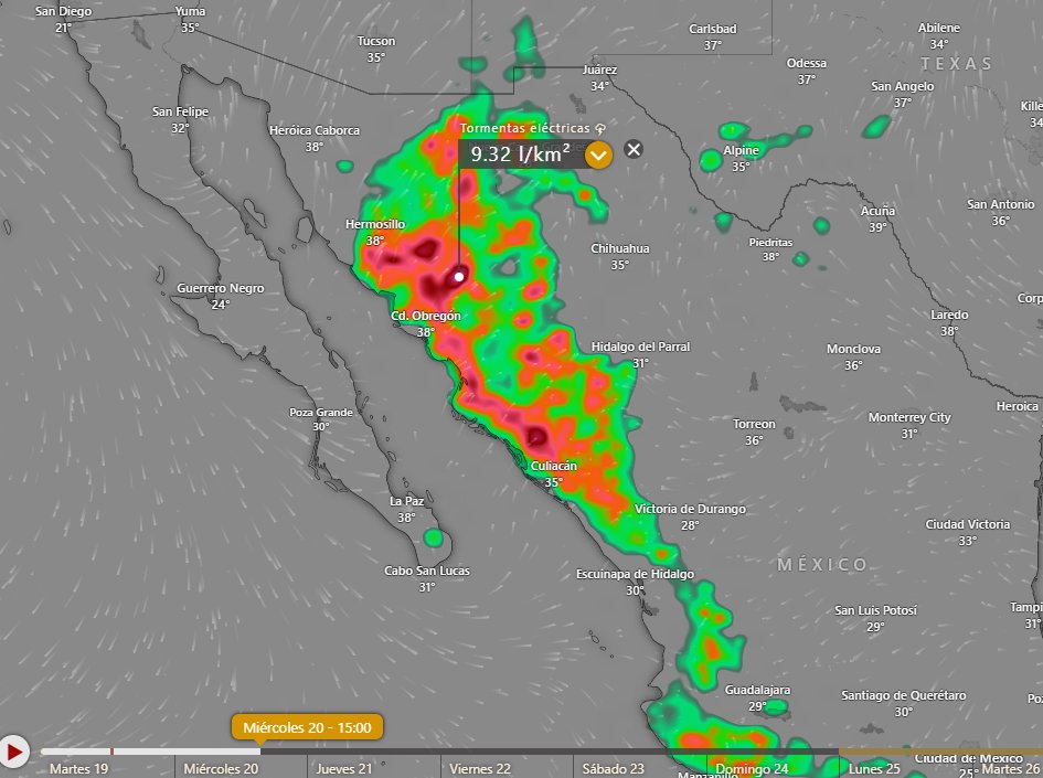 pronóstico para el Miércoles #Sept20 Actividad intensa de tormentas eléctricas desde #Sonora (Hermosillo Guaymas Obregón Bacadehuachi Navojoa) a #Sinaloa (LosMochis Guasave Mocorito Culiacán Cosalá) @michelleriveraa @cepcsonora