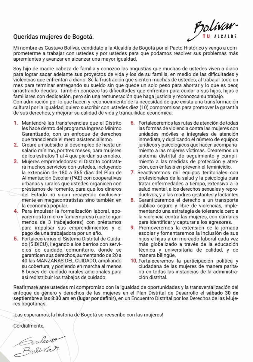 GustavoBolivar's tweet photo. Mi carta a las mujeres de Bogotá.

Diez propuestas para alcanzar la autonomía económica de las mujeres, el fortalecimiento de su participación política, la igualdad de oportunidades laborales, la transformación cultural del cuidado.

Favor RT #MujeresConBolívar https://t.co/bU9LvZpmI5