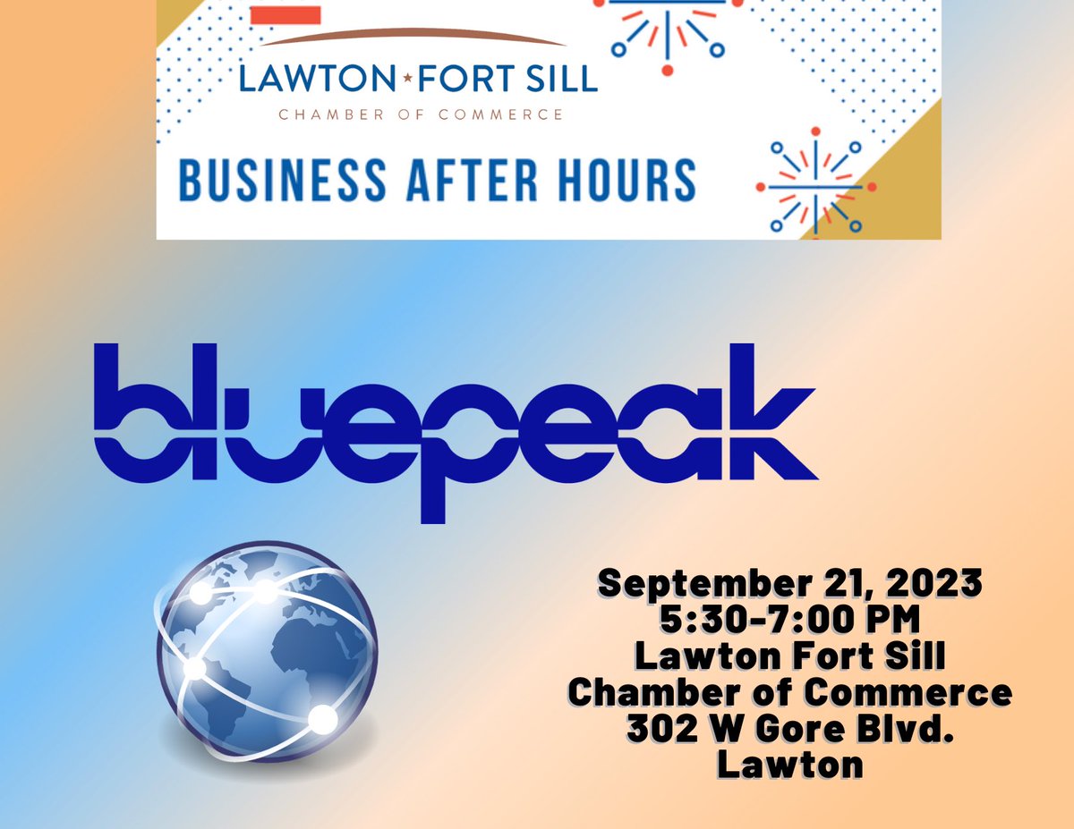 Be sure to join us at the chamber on Thursday at 5:30 for our business after hours event with Bluepeak!! Anyone in the area is welcome! Come network and enjoy yourself!