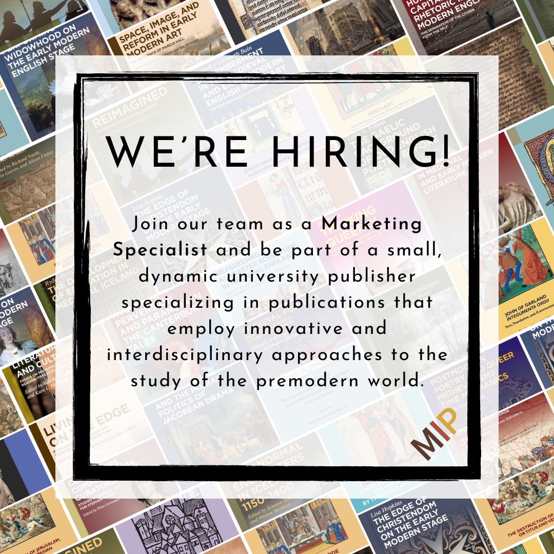 MIP is hiring a Marketing Specialist! Join our team to be part of a small, dynamic university publisher specializing in publications that employ innovative and interdisciplinary approaches to the study of the premodern world. #MedievalTwitter wmich.edu/medievalpublic…