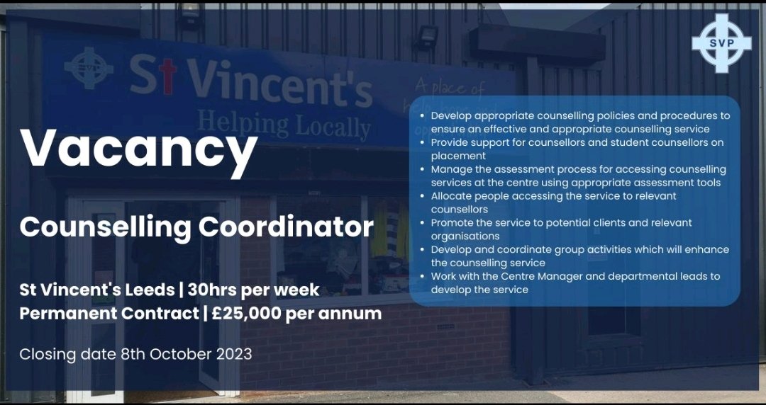 Super excited to be looking to extend our services.
This is an opportunity for someone  wanting to support some of the most vulnerable in Leeds.
#Leeds #Wellbeing #Vacancy #leedsjobs #counsellor