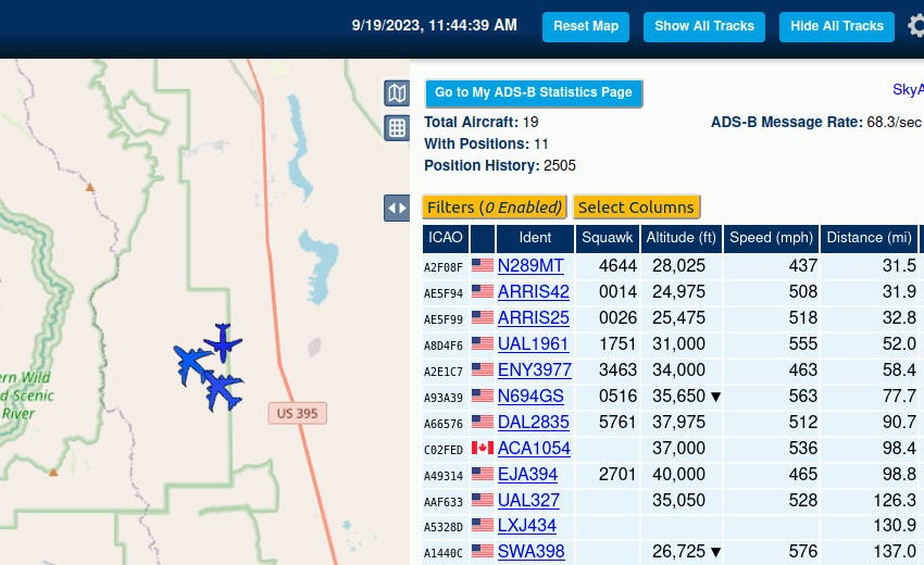In my neighborhood this morning:  N289MT (Raytheon's curiously modified 727) and two KC-46A Pegasus (767-derived) tankers: 18-46041 ARRIS42 and 18-46046 ARRIS25.  The 00xx squawk codes are common for military flights in eastern California.  #avgeek