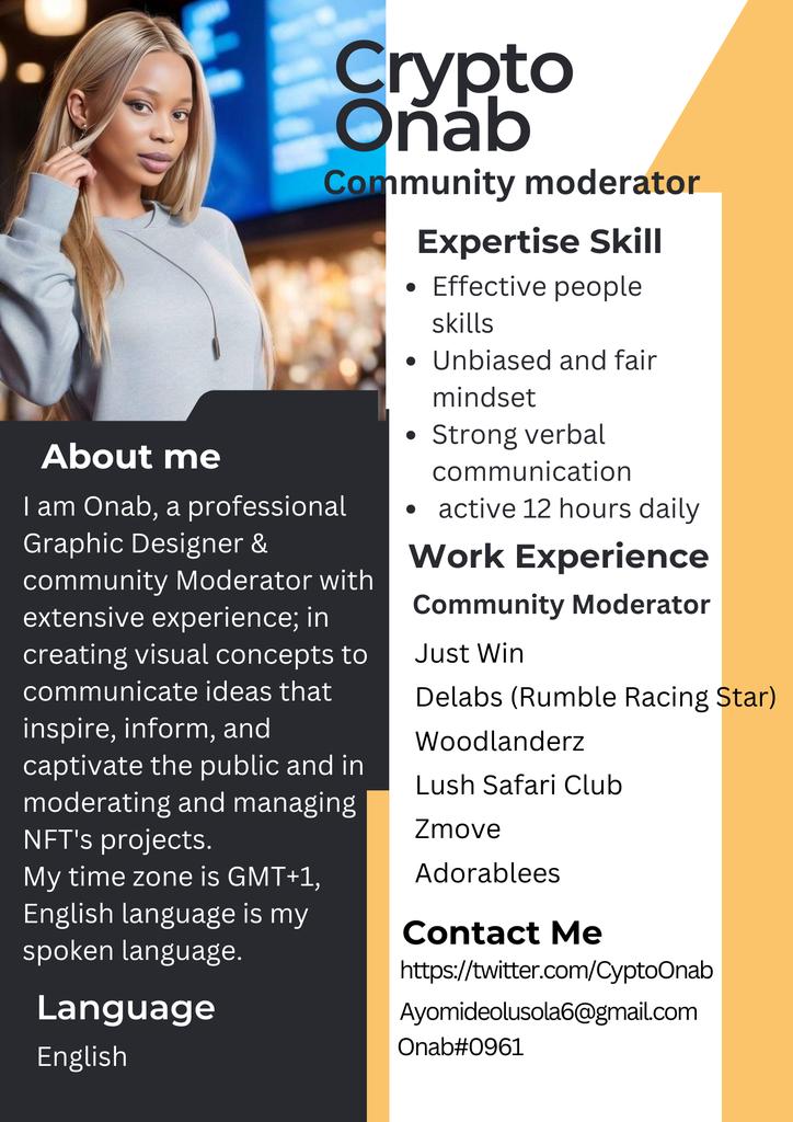 CyptoOnab's tweet photo. I just updated my resume , If you have any job opportunities for a community moderator, Graphics designer, or an Artist, feel free to reach out to me, my Dm is always open
#hiring #jobs #web3 #nftjobs #NFTs #NFTCommunity #moderator #NFTdrop #NFTMinting #nft #Solana #Ethereum https://t.co/VK2nxHVcXJ