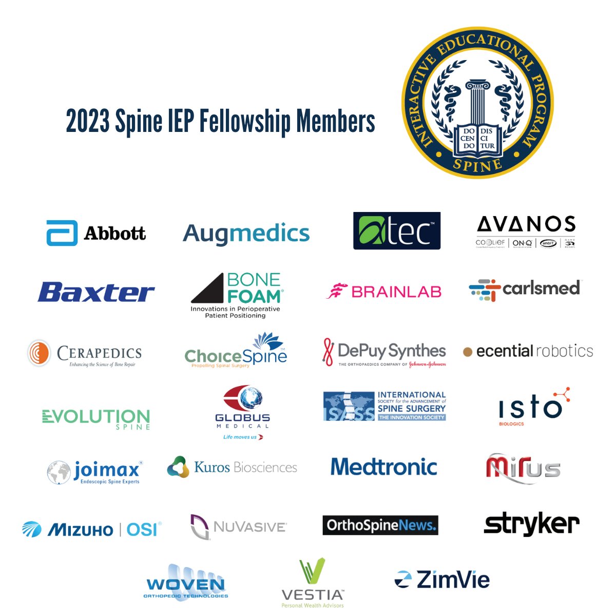 SpineIEPCourse's tweet image. Sending a special thanks to our Fellowship Sponsors as we couldn&apos;t make this Spine IEP course happen without their support. See you in two months!

Interested in exhibiting? Reach out via email at lmcclain@magnifigroup.com 

#spineiep #medicaldevice #fellow #youngsurgeon #spine