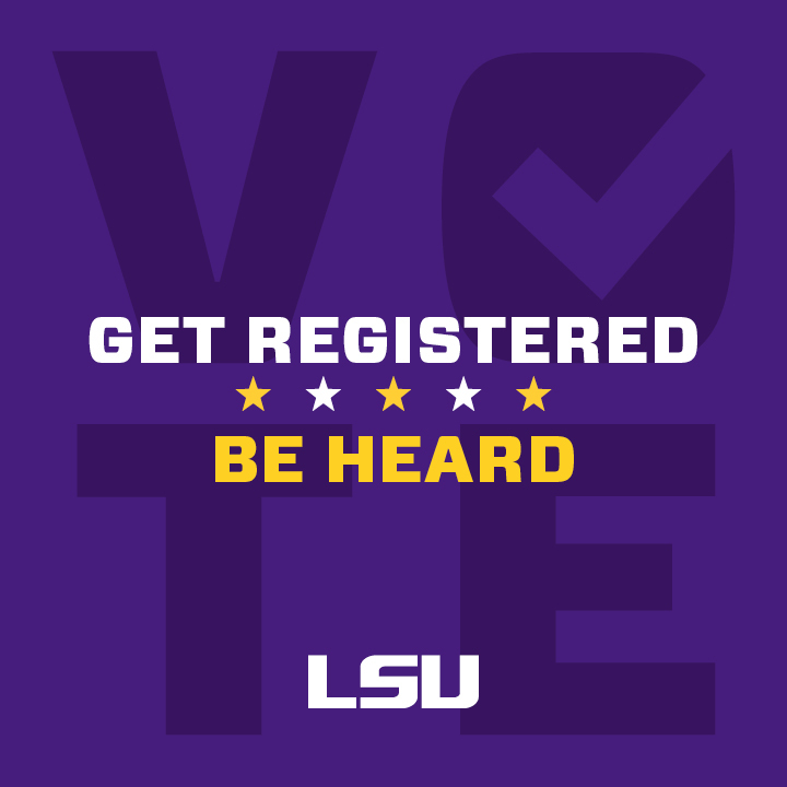 LSU's tweet photo. Are you registered to vote?

It’s National Voter Registration Day, and @GeauxVoteLSU has made it easy to get registered ✅

Just visit https://t.co/AYPwStg34G.

Students may also register by clicking the “Register to Vote” link under “Personal Preferences” on myLSU. https://t.co/2e6udkV47l