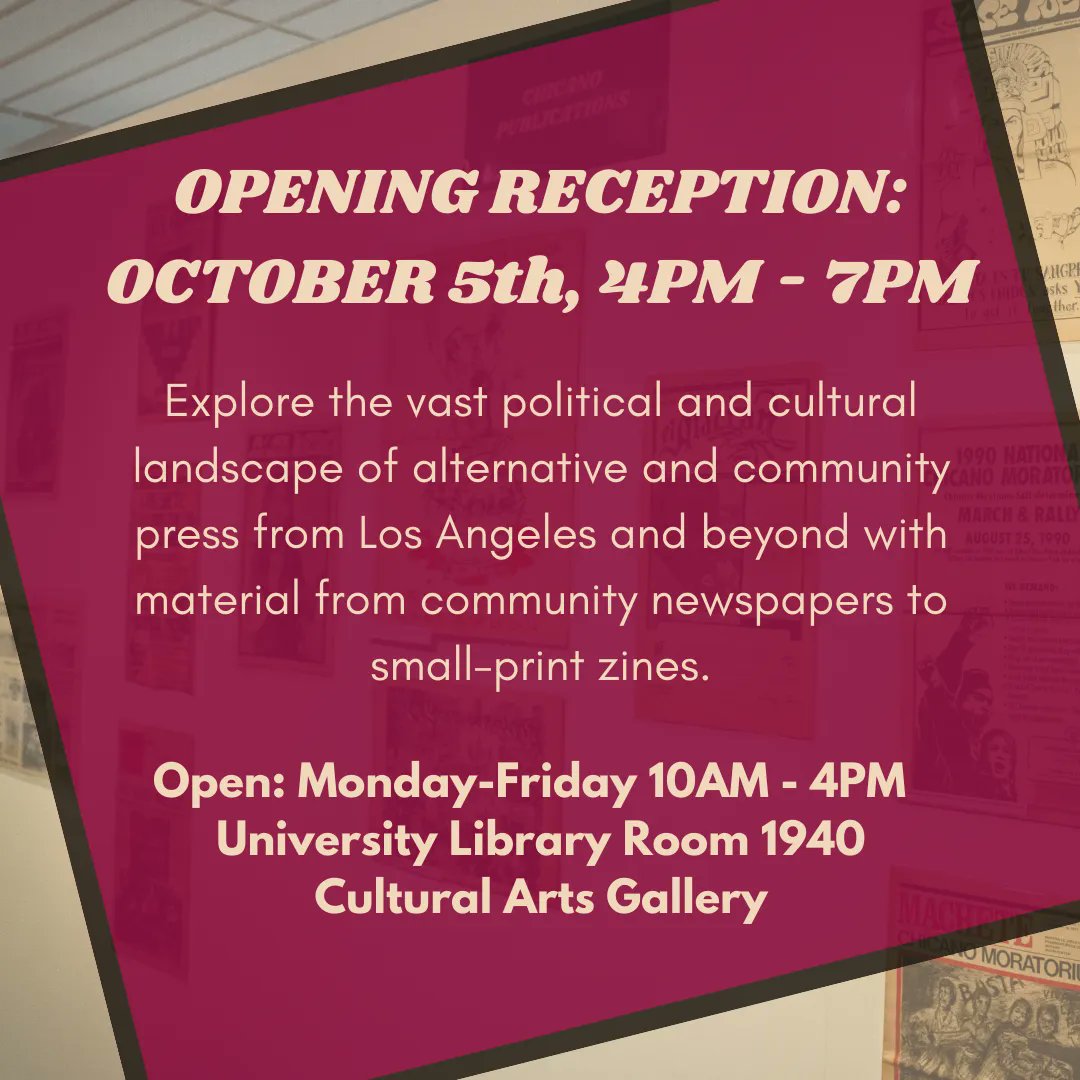 CSUDHLib's tweet image. Join the Gerth Archives &amp;amp; Special Collection on October 5, 2023, in the Cultural Arts Gallery from 4PM to 7PM for the opening reception of Alternate Takes: Underground, Community and Alternative Newspapers, Zines, &amp;amp; Comix at the CSUDH Gerth Archives &amp;amp; Special Collections.