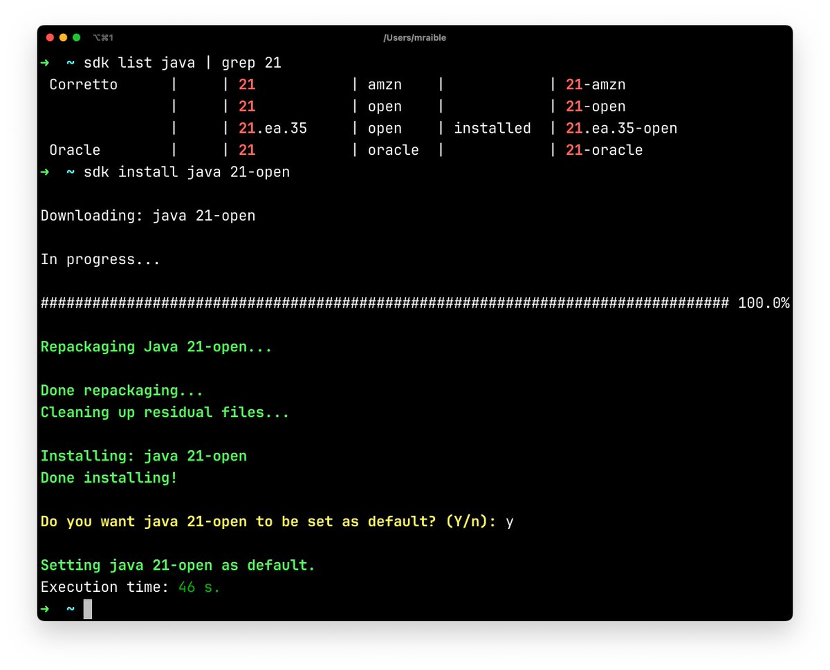 mraible's tweet photo. Hello, @Java 21!

$ sdk install java 21-open

Thanks, @sdkman_! https://t.co/QhfzzFy5U4