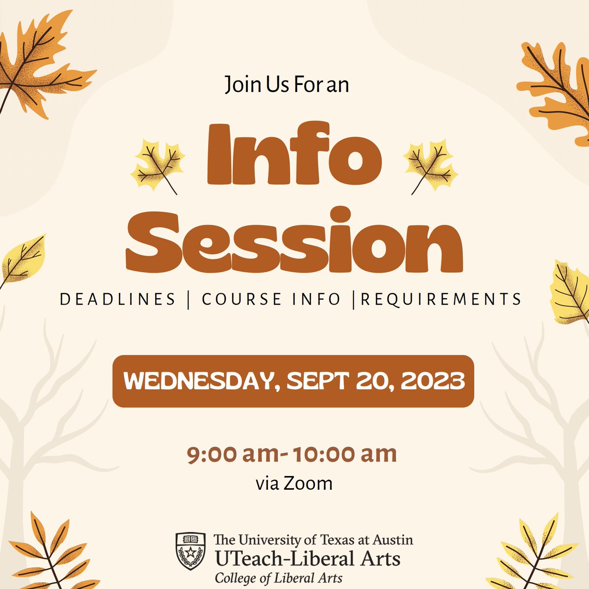 Become a certified teacher in Texas with UTeach Liberal Arts! Join our Info Session tomorrow at 9:00am for more information on our program and the requirements. Click the Zoom link down below. We hope to see you there.#UTeachla #educators 
Zoom Link: utexas.zoom.us/j/98429081807