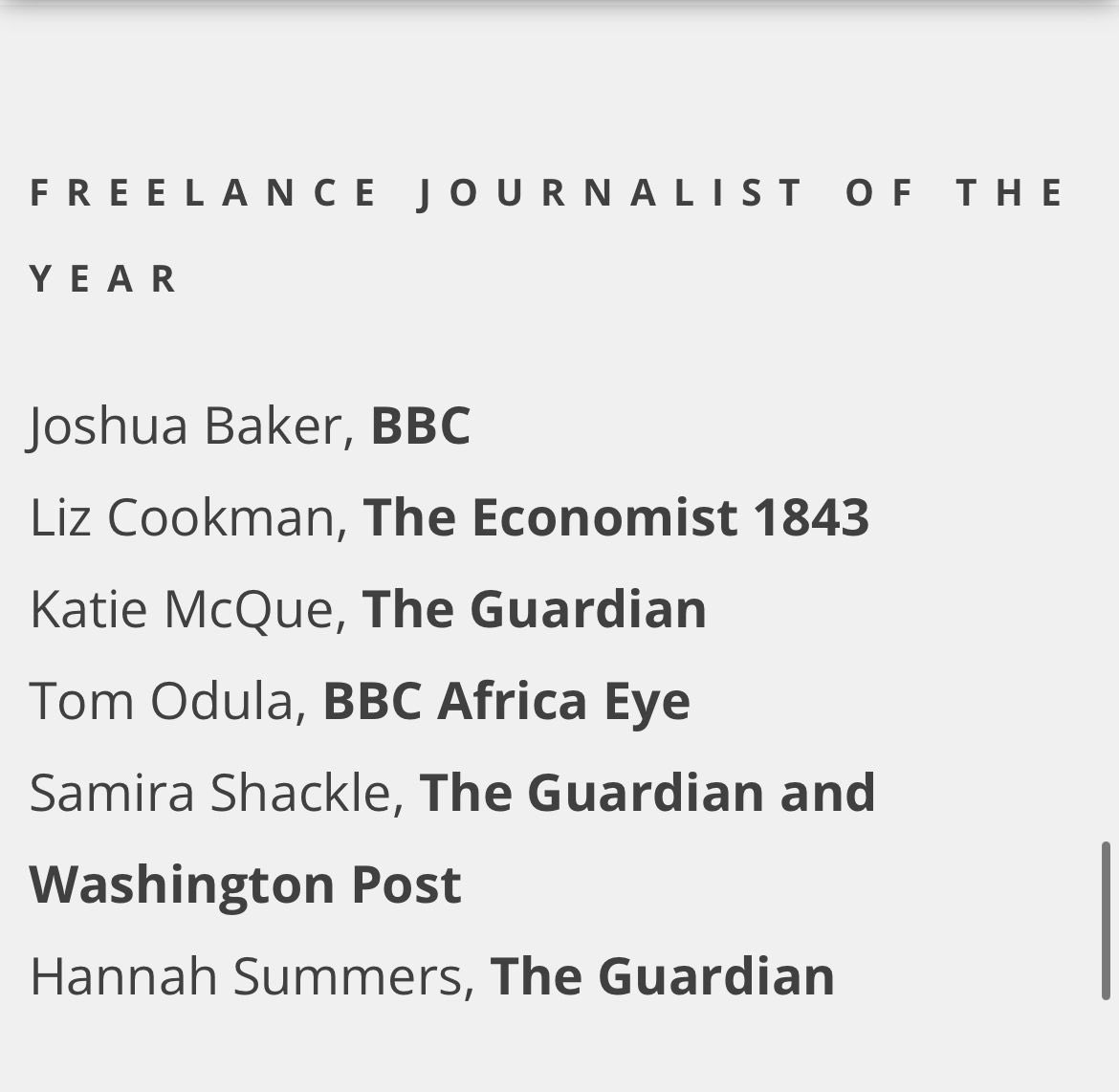 Every possible congratulation to ⁦@hansummers⁩ for her ⁦@EditorsUK⁩ shortlisting for freelance journalist of the year. Family court reporting is the very hardest beat there is and her journalism has been formidable.