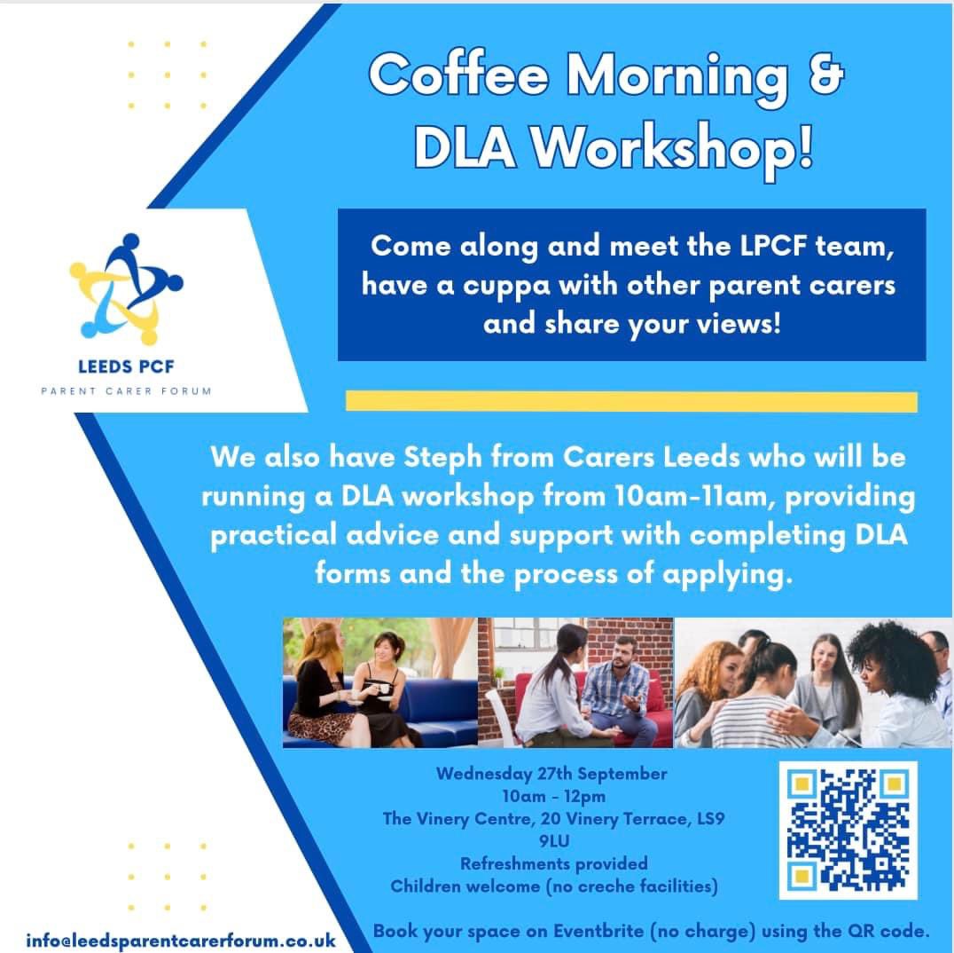 LeedsPCF's tweet photo. Leeds Parent Carer Forum want to meet YOU!

Join us for a relaxed cuppa &amp; chat, meet other parent carers &amp; share your views! ☕️ 

🌟We also have Steph from Carers Leeds who will be running a DLA workshop! 🌟 https://t.co/gePPAPTjOZ
