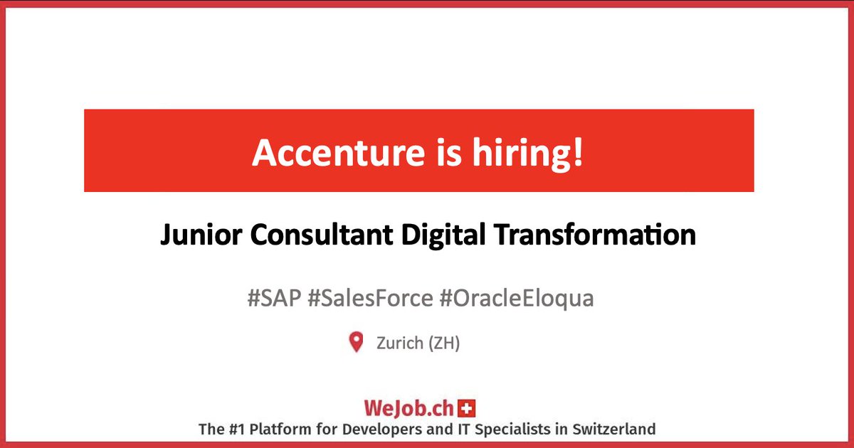 Accenture is looking for a Junior Consultant Digital Transformation📍Zurich (ZH)📍Switzerland

🛠️ #SAP #SalesForce #OracleEloqua

💡 Find the best Developers and IT Jobs on WeJob.ch

#WEbuilt #WeJob #switzerland #ITJobs

Link for apply :

wejob.ch/company/accent…