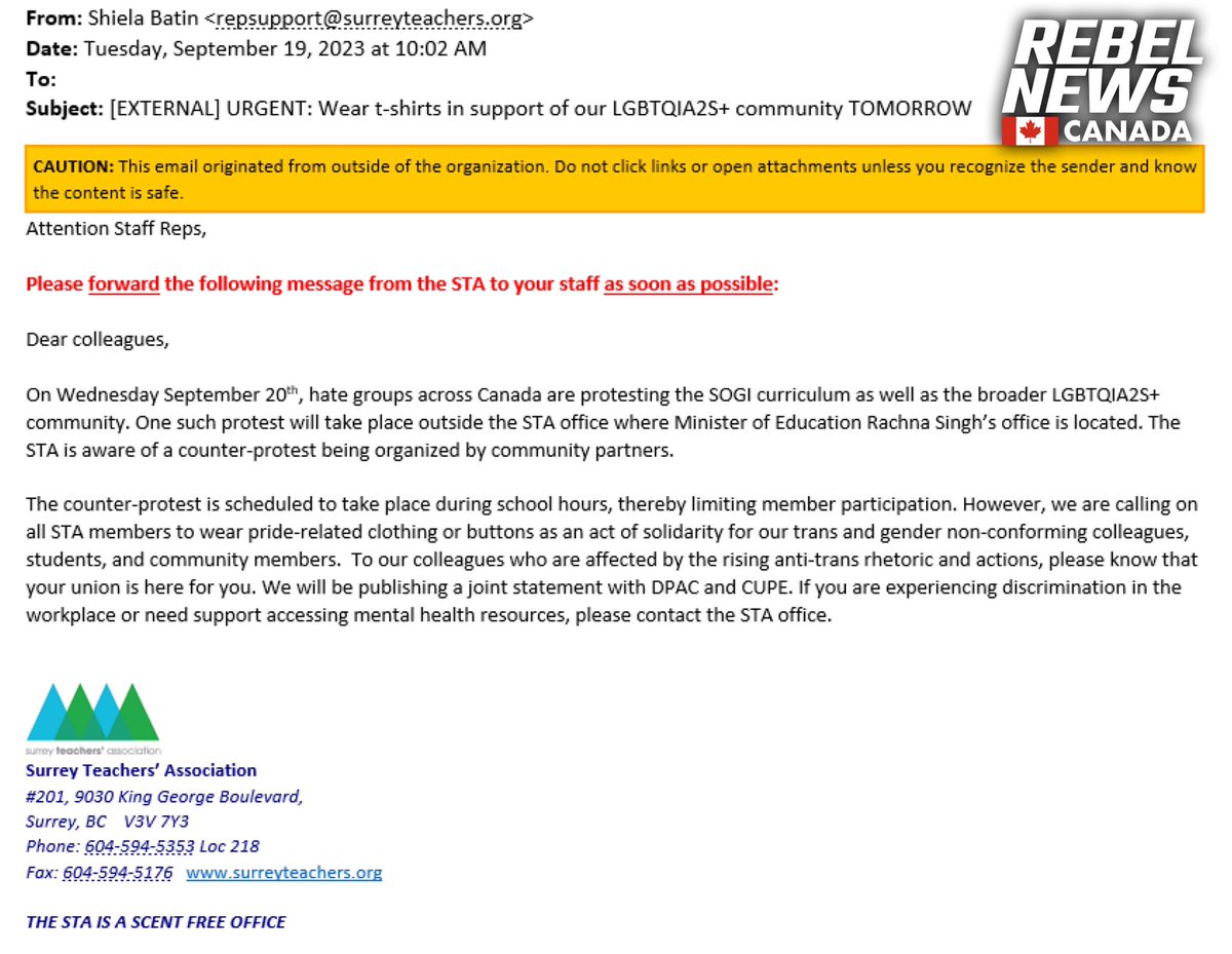 WHAT!

The Surrey Teachers’ Association (<a href="/SurreyTeachers/">Surrey Teachers’ Association</a>) just branded all parents, people of faith and concerned citizens participating in tomorrow’s #1MillionMarch4Chidren as members of a hate group. 

They are pressuring their teachers to cloak themselves in PRIDE too.