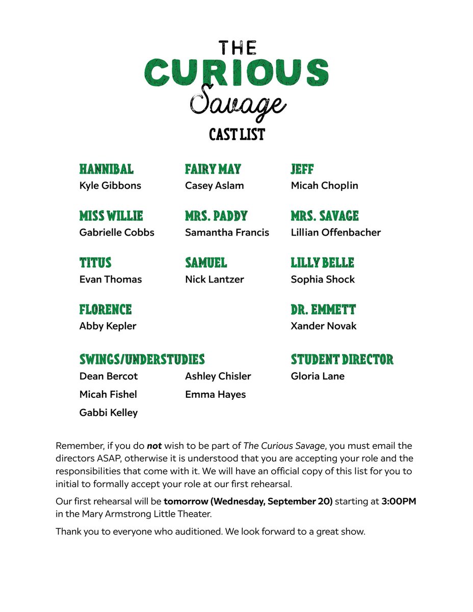 The cast list for 2023 fall play is here!! Be sure to stay tune for crew lists, and other details regarding the show