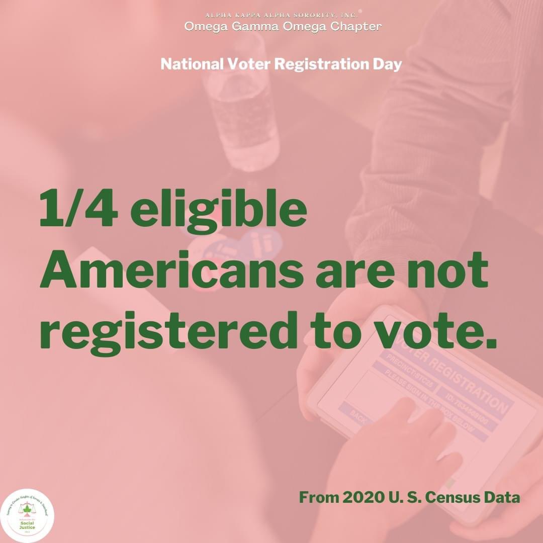 BwoodAKA's tweet image. Did you know that 1/4 eligible Americans are not registered to vote? Let's change that statistic together. Register today! 🗳️✨
.
.
.
.
.
#AKA1908 #AKAOGO #SoaringwithAKA #TUNEinSAR #VoterRegistrationDay #YourVoteMatters