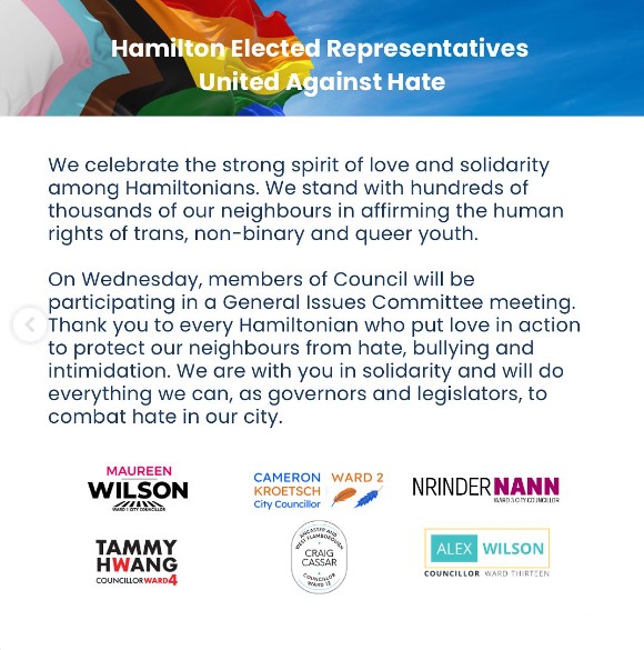 Hate groups are organising anti-2SLGBTQIA+ rallies on September 20th, 2023 and we are united in saying hate is not welcome in our city and at our City Hall.

#NoHateInTheHammer #hamont #dundasont