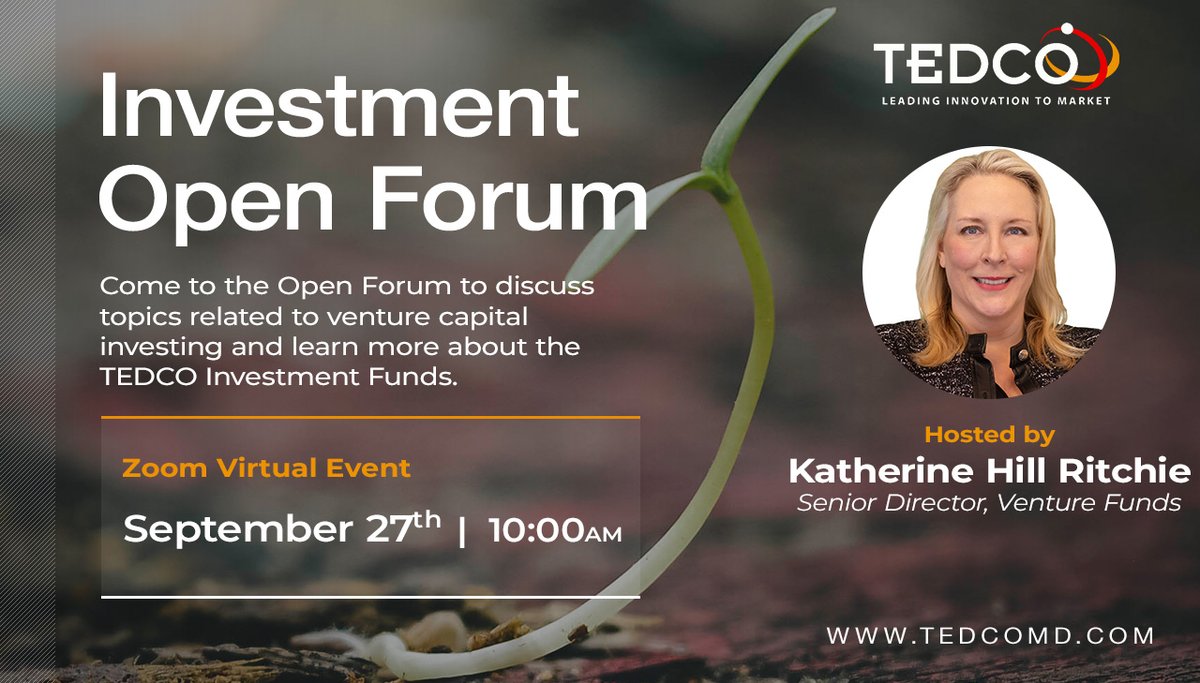#event 9/27: Calling all #Maryland #entrepreneurs and #smallbusinesses—our monthly Investment Open Forum is around the corner. Secure your spot now to learn more about TEDCO, our #funding process, and more! Register here: eventbrite.com/e/tedco-invest…