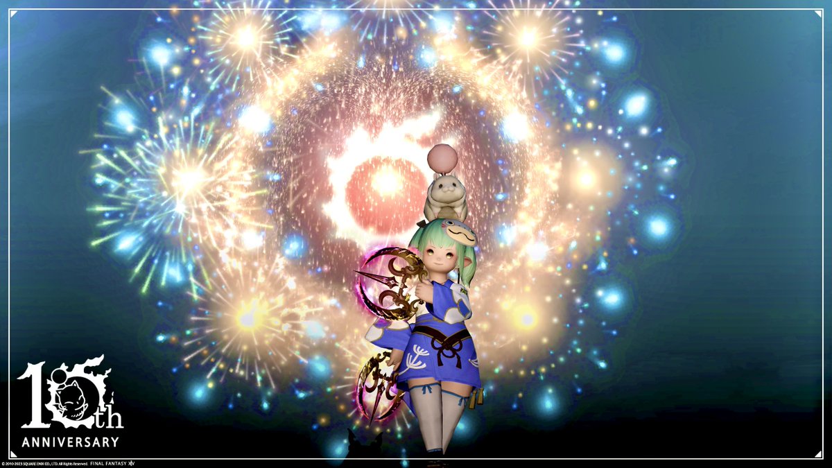nanase_belias's tweet photo. 本日の新生祭花火🎆

もうすぐ夏が終わる…やだなぁ

って思いながら撮ったけど
よく考えたらとっくに夏終わってた

#新生祭花火ガチ勢 #新生祭2023
#まいにち花火 #FFXIV10th #FF14 
#ffxivgpose #新生祭っていつまで？ 
#FFXIV10thAnnivLegacy https://t.co/ocXVhqcI2l