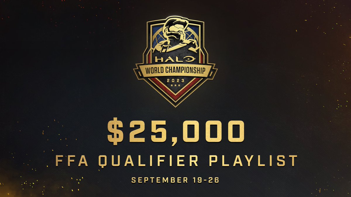 Jump into the #HaloWC FFA Qualifier sweepstakes playlist in Halo Infinite, and you could win a trip to compete in the $25K FFA tournament at the <a href="/Halo/">Halo</a> World Championship in Seattle, WA!

The playlist will be live from Sep 19-26!
 
Full Details:
🏆 aka.ms/HaloWC-FFA