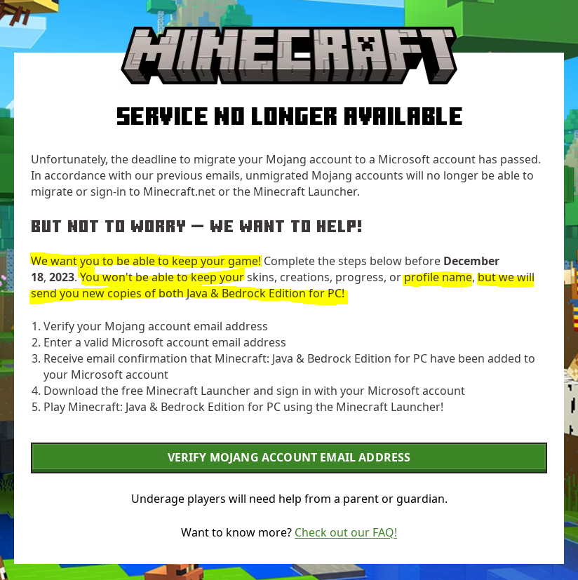 I can't migrate my Minecraft account to a Microsoft account because I  missed the first chance but I can't even migrate my ownership of Minecraft  to a new Microsoft account. help? 