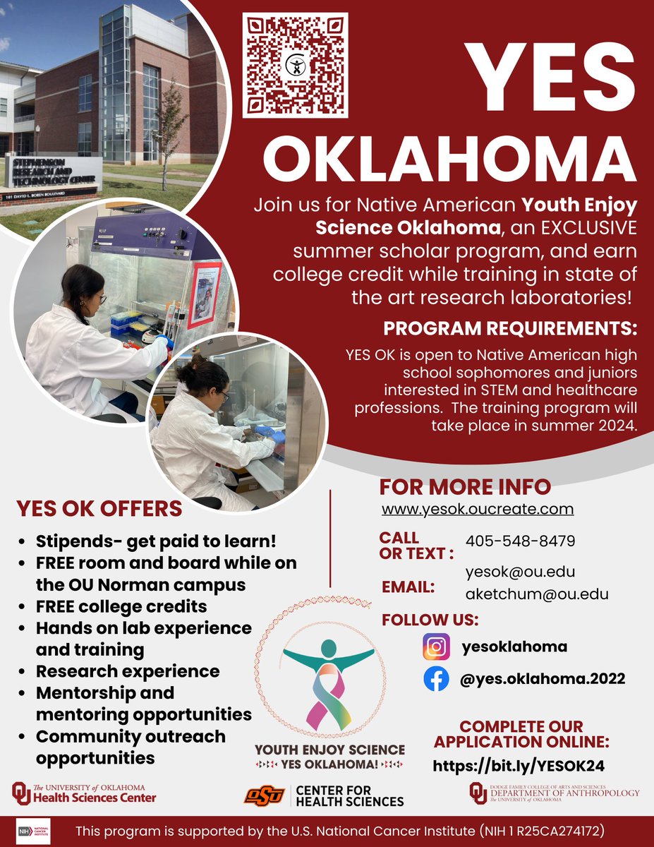 The 2024 Scholar application is LIVE!!!  Are you a Native American high school student  interested in healthcare careers, STEM, or medical research?  Join us on the Norman OU campus this summer for the YES Oklahoma Summer STEM Experience!  
ousurvey.qualtrics.com/jfe/form/SV_bm…