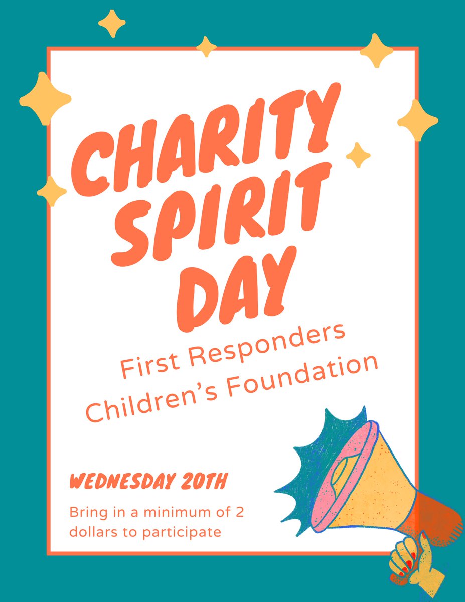 Remember that tomorrow is a Charity Spirit Day! For a $2.00 donation, feel free to wear jeans or sweats and a spirit wear top! Please, no gym shorts or leggings.