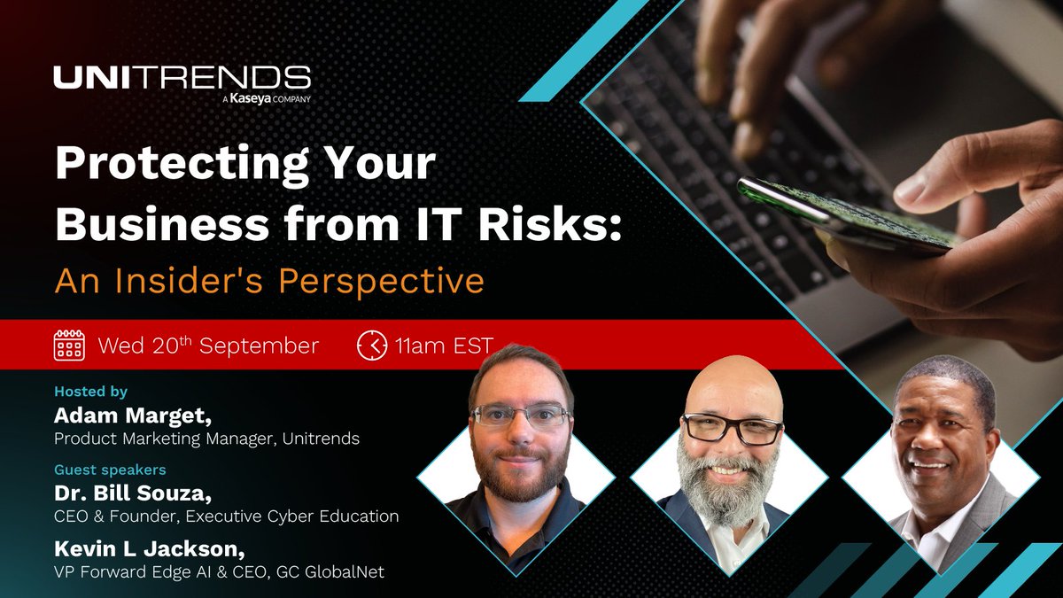 💥Less than one week to go! 💥 On September 20 at 2 pm EST, join  @DrBillSouza ,  Adam Marget , and me in a @LinkedIn Live: Protecting Your Business from IT Risks: An Insider's Perspective. 👇 Register now: linkedin.com/events/protect…
@Unitrends #cybersecurity @KaseyaCorp