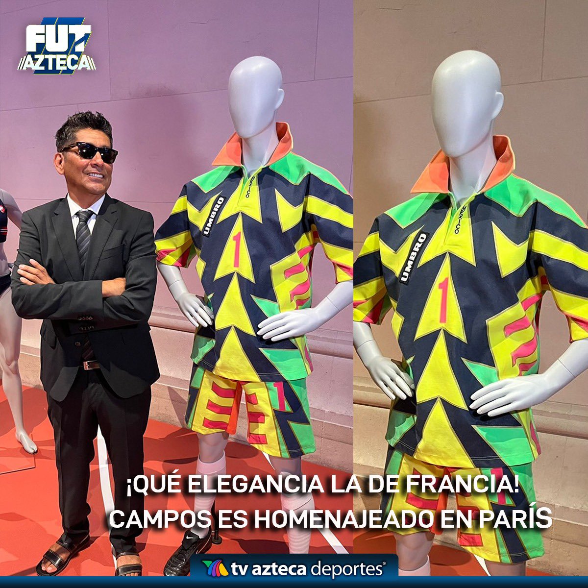 AztecaDeportes's tweet photo. ¡Un verdadero crack! 😎⚽Jorge Campos es inmortalizado en París, donde le rinden un homenaje por su contribución al mundo de la moda en el deporte.

“El Brody” se tomó una foto con sí mismo y firmó una playera en el Museo de Artes Decorativas de la capital francesa.

#AztecaDeportes #futbol #jorgecampos