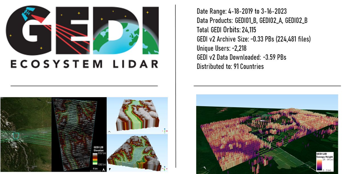 Version 2 #GEDI L1A, L2A, and L2B collections are complete and available from 04/18/2019 to 03/16/2023! Get full waveform #lidar footprints, elevation and height metrics, and canopy cover and vertical profile metrics for Earth at NASA's #LPDAAC. bit.ly/48kKciC