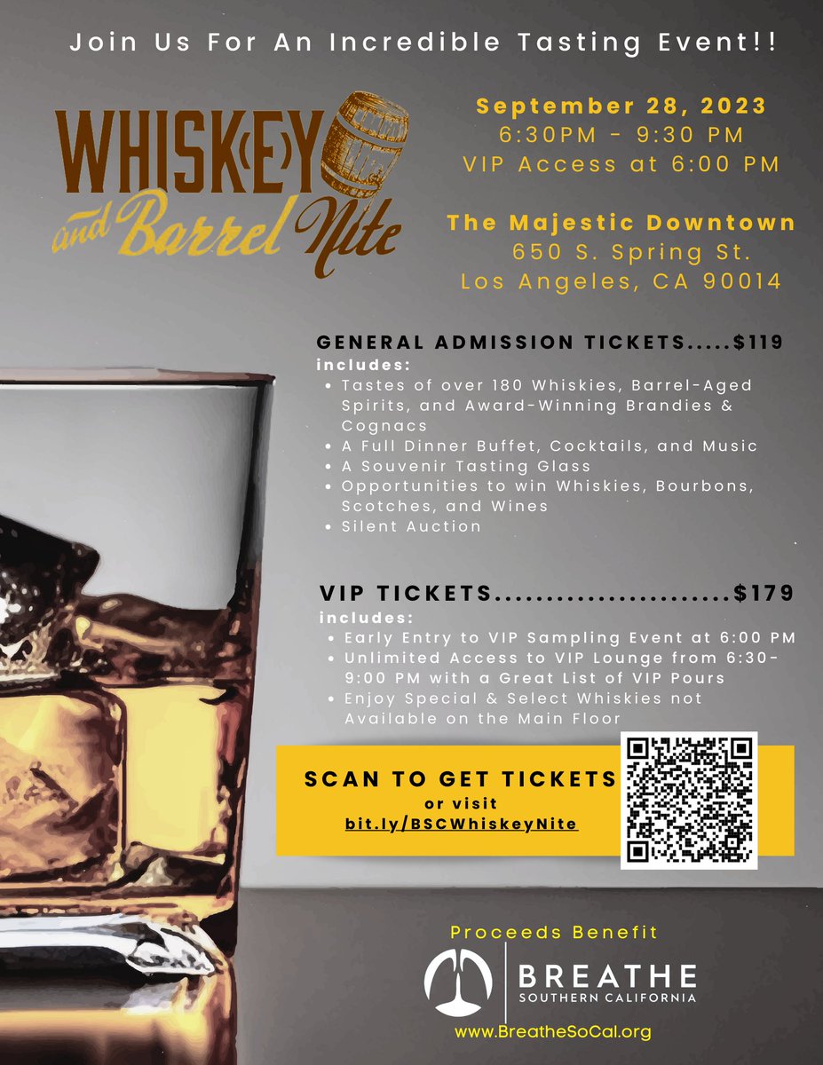 Join <a href="/BREATHESOCAL/">Breathe Southern California</a> for an amazing #WhiskeyTasting event in #DTLA on Thurs, Sept. 28.  Tickets include dinner, tastings of over 180 whiskeys, bourbons &amp; cognacs, entertainment, and more.  Info and tix at bit.ly/BSCWhiskeyNite
#whiskey #nightout #fundraiser #whiskeyandbarrelnite