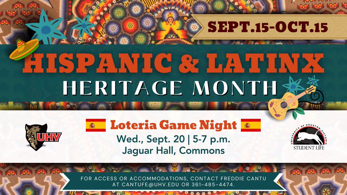 uhvmac's tweet photo. We have two events this week! We’ll be in Katy this evening with free giveaways and photos with jaX! 

Tomorrow we have Loteria Night! Join us to try and win a prize while enjoying a fun game of Mexican Bingo. 

#UHVMAC #JAXNATION #UHV #UHVJagFam #HispanicHeritageMonth https://t.co/v63MbcDjro