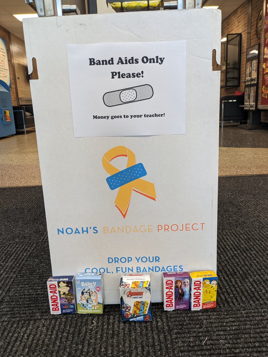 Keep bringing those bandages in this week for Noah's Bandage  Project Drive! This box is located right inside the main entrance...so students can drop them off when they come in from arrival!