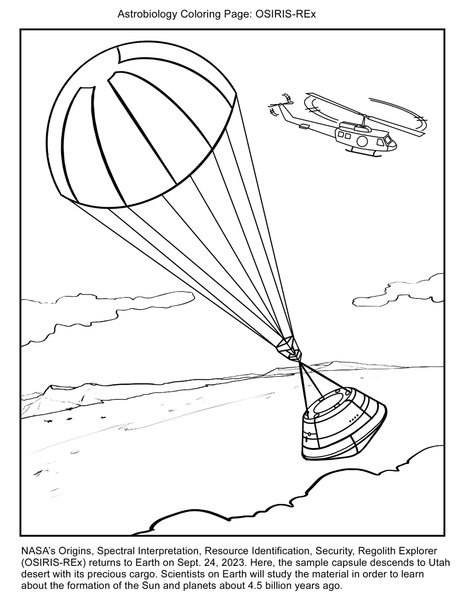 LearnWithNASA's tweet photo. It's a big weekend ahead for @NASASolarSystem! The #OSIRISREx mission is set to return to Earth with a sample of Asteroid Bennu. 🪂
Celebrate this full-circle #ToBennuAndBack moment & let your artistic side shine with these downloadable coloring pages: https://t.co/5EgzqCCwWL https://t.co/PWzUfPgz8H
