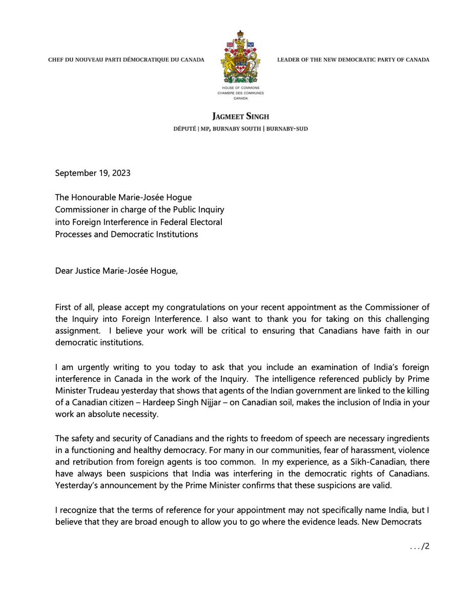 BaazNewsOrg's tweet photo. BREAKING | NDP Leader @theJagmeetSingh has written to Marie-Josee Hogue, the Commissioner of the Inquiry into Foreign Interference, to include an "examination of India's foreign interference in Canada in the work of the Inquiry" in light of yesterday's revelations concerning the assassination of Hardeep Singh Nijjar.