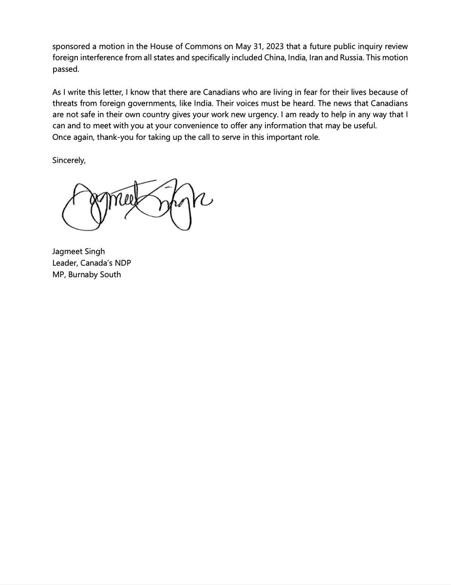 BaazNewsOrg's tweet photo. BREAKING | NDP Leader @theJagmeetSingh has written to Marie-Josee Hogue, the Commissioner of the Inquiry into Foreign Interference, to include an "examination of India's foreign interference in Canada in the work of the Inquiry" in light of yesterday's revelations concerning the assassination of Hardeep Singh Nijjar.