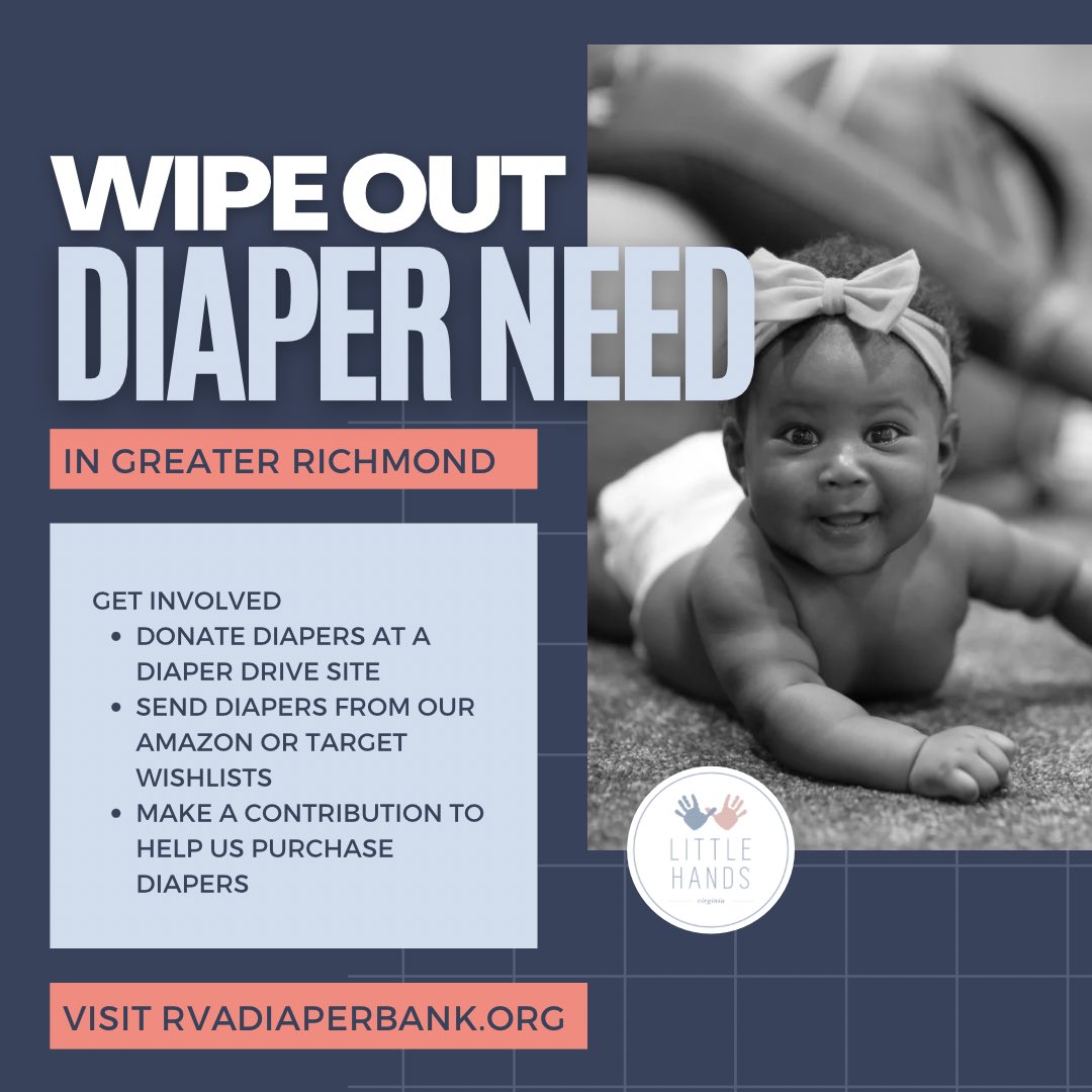LittleHandsVA's tweet photo. It’s Diaper Need Awareness Week and we are on a mission to #WipeOutDiaperNeed in Greater #RVA through the rest of the year. Visit https://t.co/gpQI1qYXss to help us reach our goal of 200,000 diapers donated this week! #littlehandsva https://t.co/rjxxcAvQy4