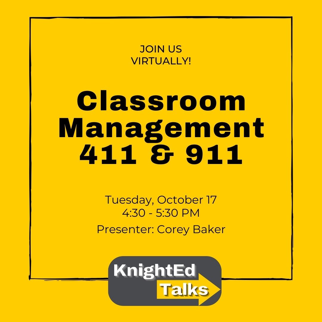 Next Tuesday, October 17, is another virtual #KnightEd session! Corey Baker will share practical, ready-to-use strategies centered on "total participation" that every teacher can use! Zoom link here ➡️ tinyurl.com/2cknvjkn. #ChargeOn