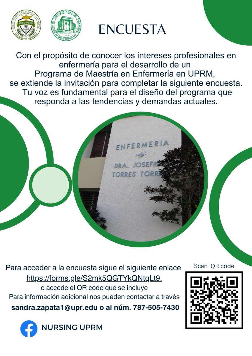 RUM/UPRM (@uprm) on Twitter photo PARTICIPA EN LA ENCUESTA DEL DEPARTAMENTO DE ENFERMERIA
Con el propósito de conocer los intereses profesionales en enfermería para el desarrollo de un Programa de Maestría en Enfermería en UPRM, se extiende la invitación para completar la siguiente encuesta. <a href="/ServMedRUM/">Departamento de Servicios Médicos</a> <a href="/cgerum/">CGE UPRM</a> PARTICIPA EN LA ENCUESTA DEL DEPARTAMENTO DE ENFERMERIA
Con el propósito de conocer los intereses profesionales en enfermería para el desarrollo de un Programa de Maestría en Enfermería en UPRM, se extiende la invitación para completar la siguiente encuesta. <a href="/ServMedRUM/">Departamento de Servicios Médicos</a> <a href="/cgerum/">CGE UPRM</a>