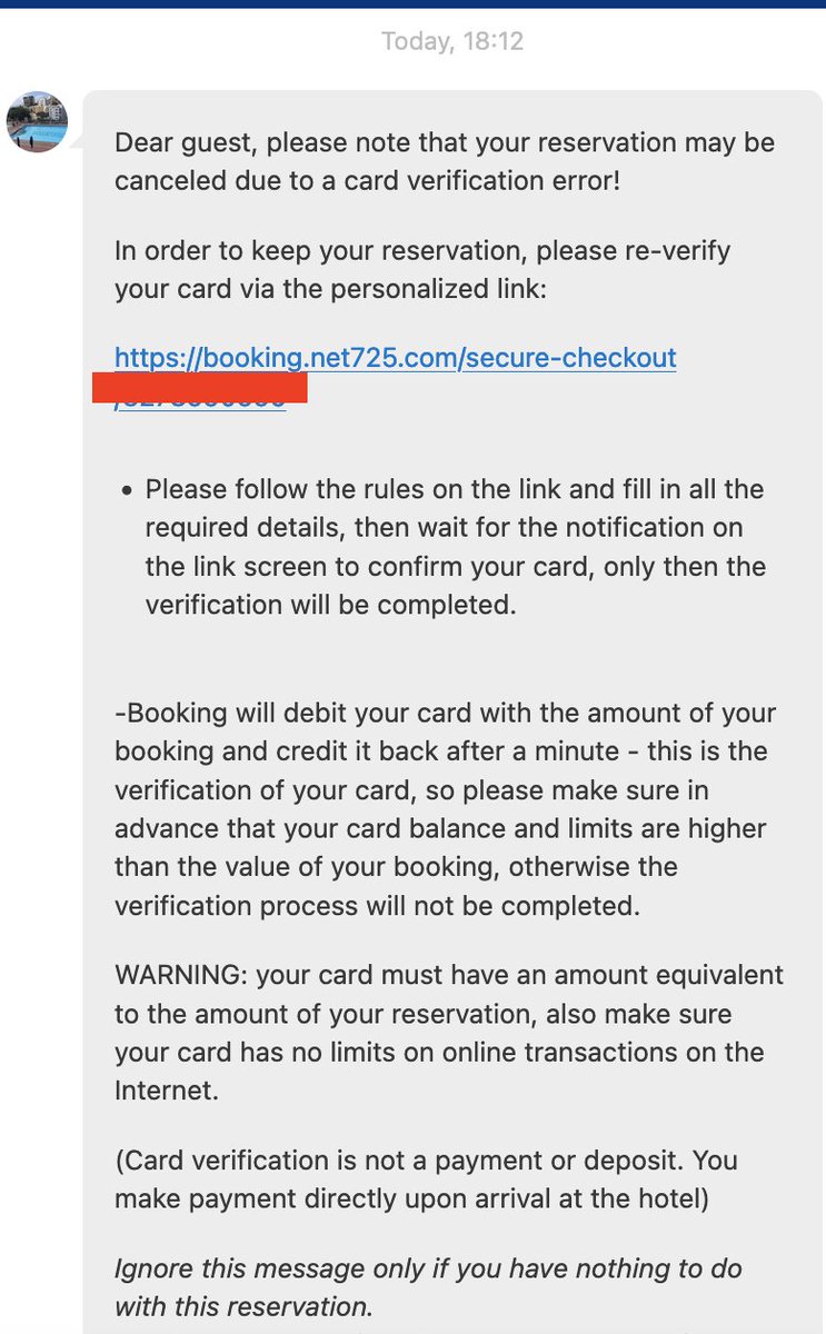 WISE16's tweet photo. https://t.co/RKbWtLHSg9 #ScamAlert  
Today I received a message within @bookingcom app from a property for which I booked a holiday later on the year. 

Two messages asking with a sense of urgency to confirm my credit card details or the booking may be cancelled. 

(thread) https://t.co/d4HwVCKwwU