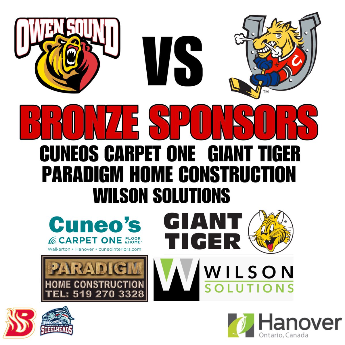 The Barons, Steelheads & Attack want to thank #CuneosCarpetOne, #GiantTiger, #ParadigmHomeConstruction & #WilsonSolutions for being Bronze Sponsors for Wednesday's game. #OHLComesToHanover